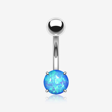 Fire Opal Prong Set Basic Steel Belly Button Ring-Blue Opal